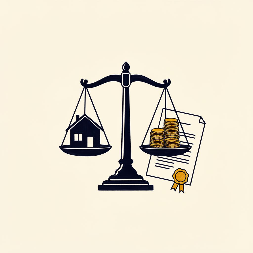 Illustrazione di una bilancia di giustizia che equilibra una casa e monete d'oro, con un documento ufficiale con sigillo