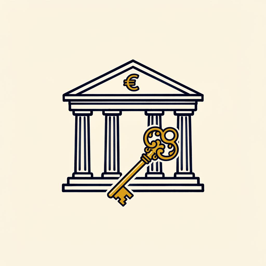 Illustrazione di una banca con colonna euro e chiave dorata che rappresenta il mutuo su immobile donato