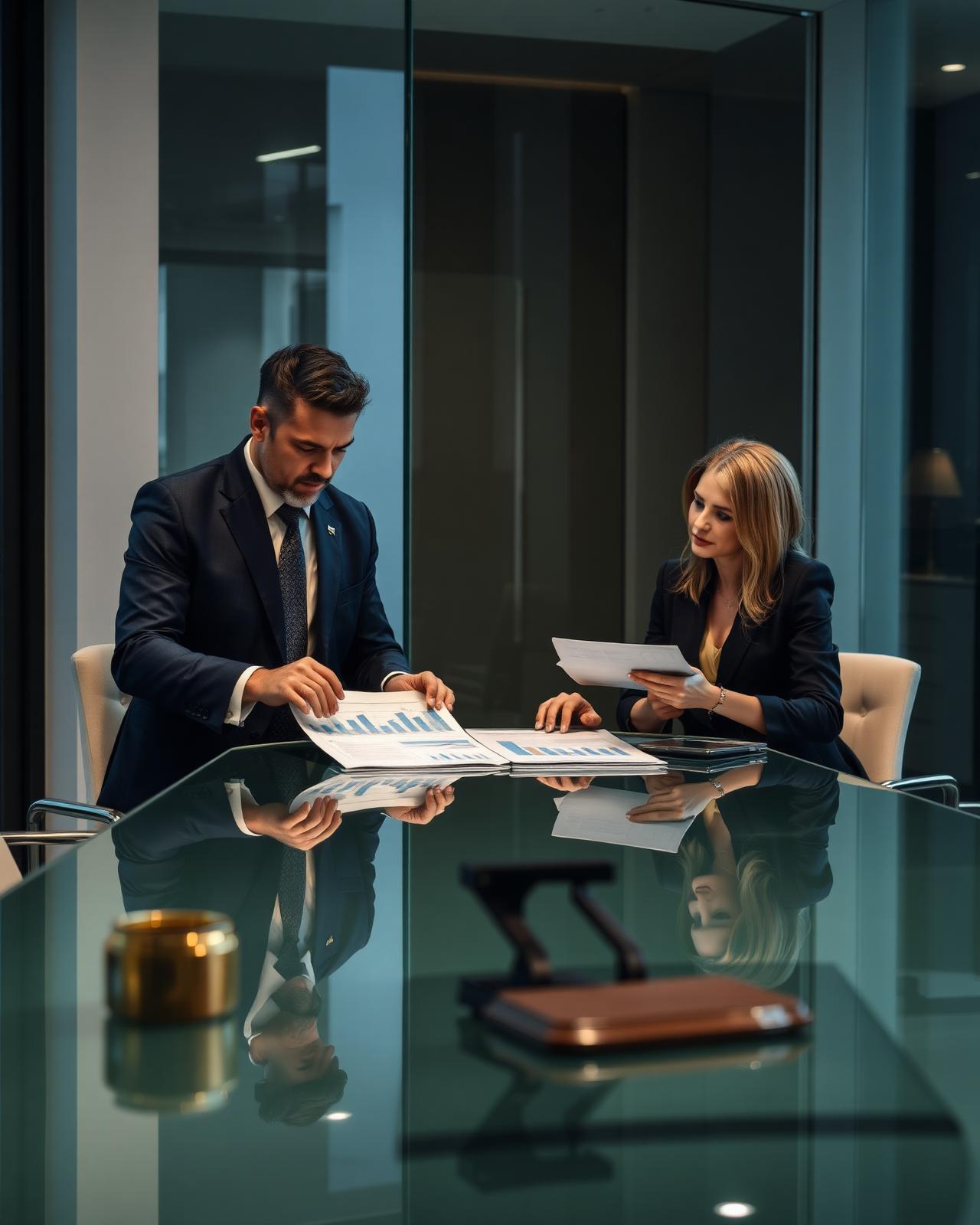 Consulente finanziario in riunione strategica con executive aziendali